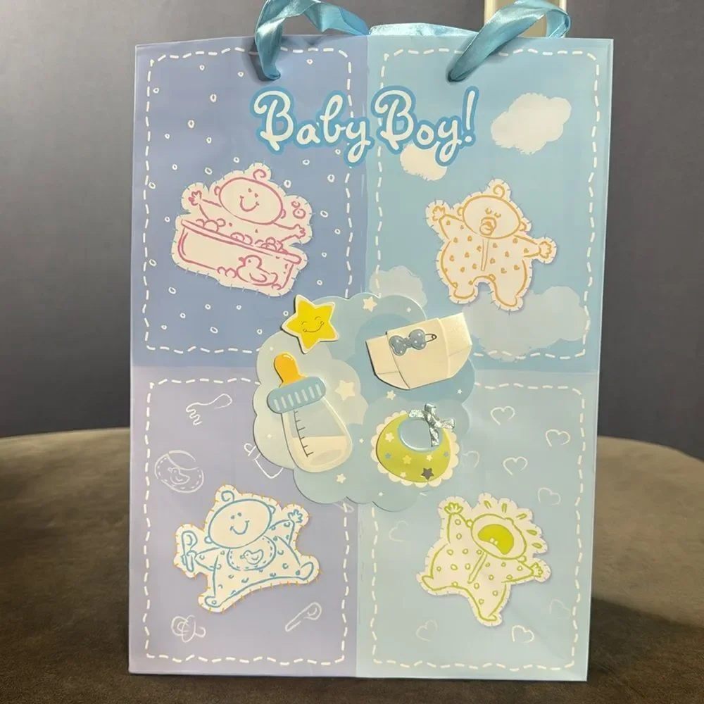 Baby Shower Large Gift Bags 12 Pack Ribbon Handles 6 Designs Pink & Blue NEW